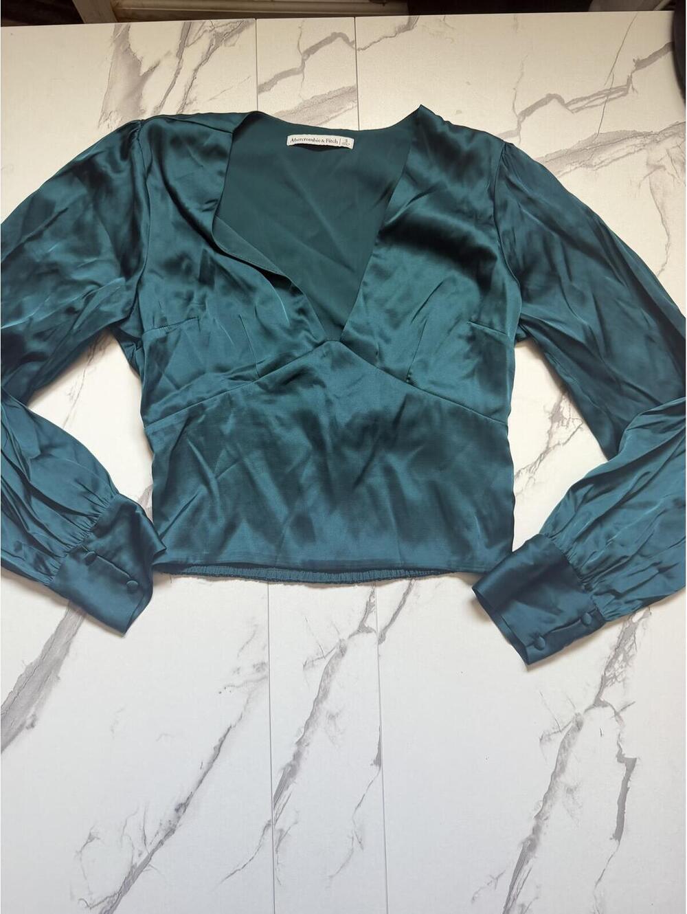 Abercrombie & Fitch Teal Satin Crop Top Smocked Coquette Party Small